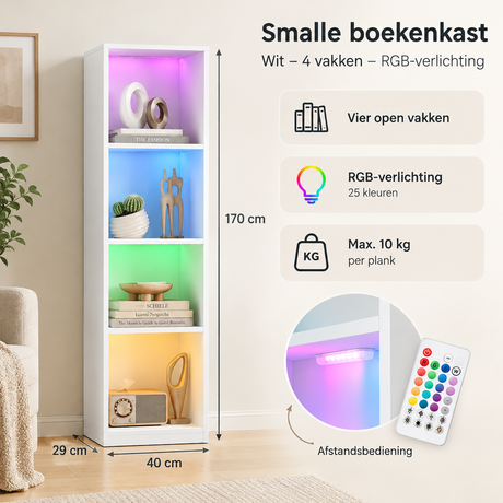 Witte smalle boekenkast van BukkitBow met vier vakken en RGB-verlichting, geschikt voor moderne interieurdecoratie