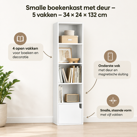 Smalle BukkitBow boekenkast met deur, 5 vakken, afmetingen 34x24x132 cm, geschikt voor boeken en kleine spullen.