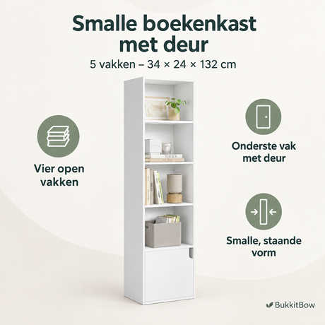 Smalle BukkitBow boekenkast met deur, 5 vakken, afmetingen 34x24x132 cm, geschikt voor boeken en kleine spullen.