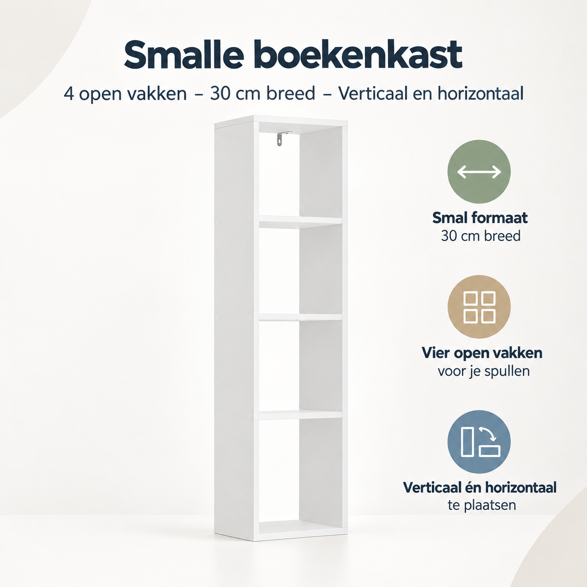 Overzicht van smalle boekenkast met de belangrijkste productvoordelen