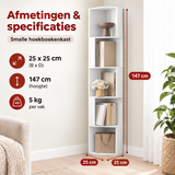 Afmetingen en productspecificaties van smalle hoekboekenkast