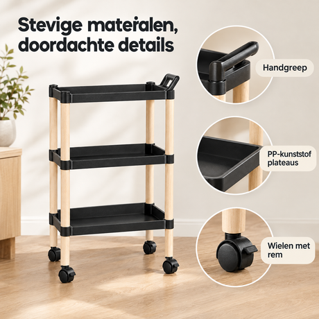 Detail van materiaal en afwerking van smalle keukentrolley
