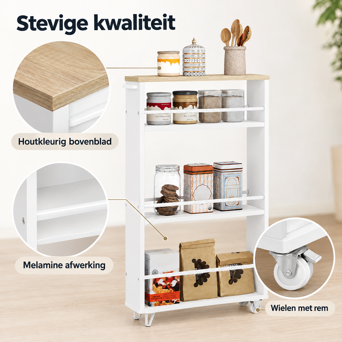 Detail van materiaal en afwerking van smalle keukentrolley