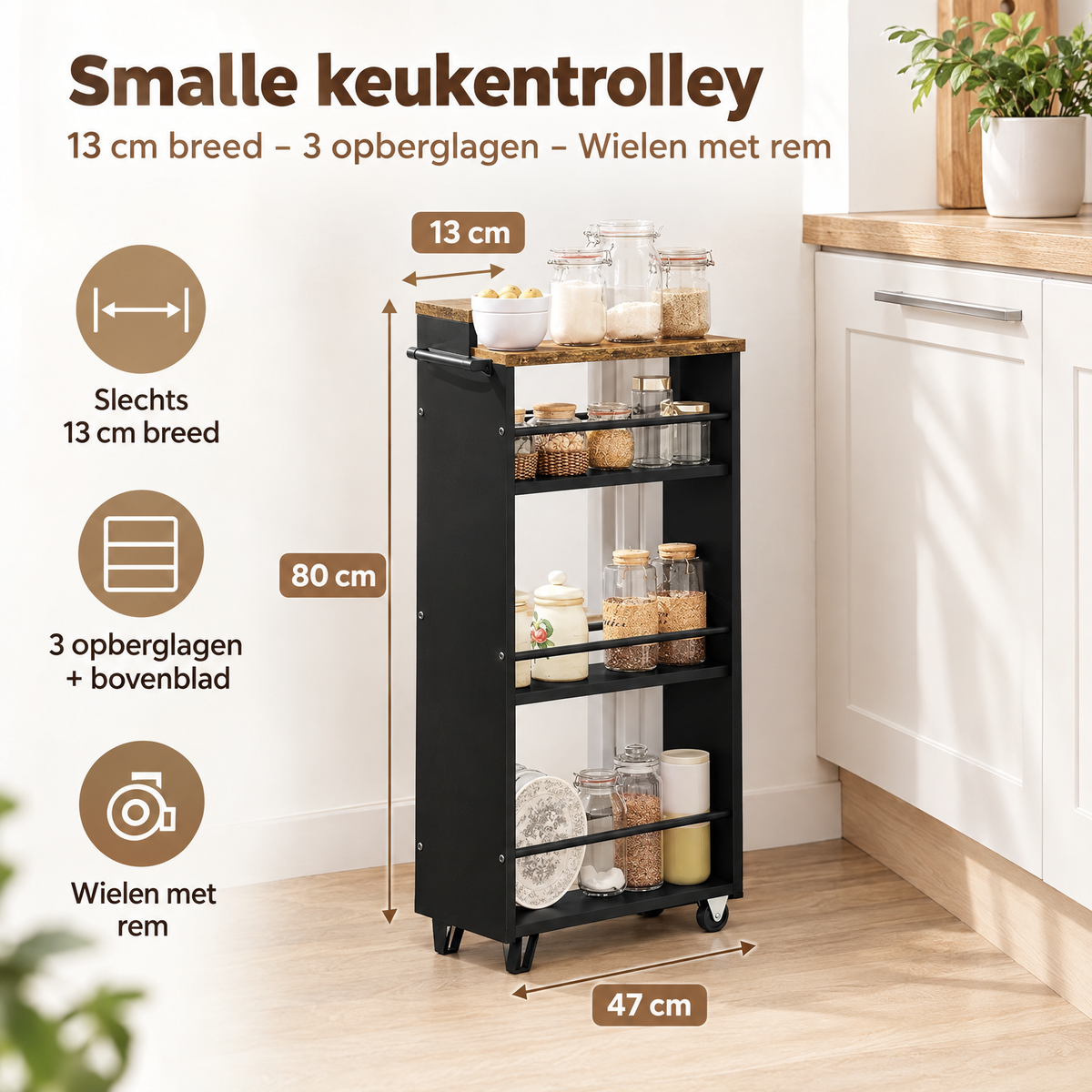 Afmetingen en productspecificaties van smalle keukentrolley