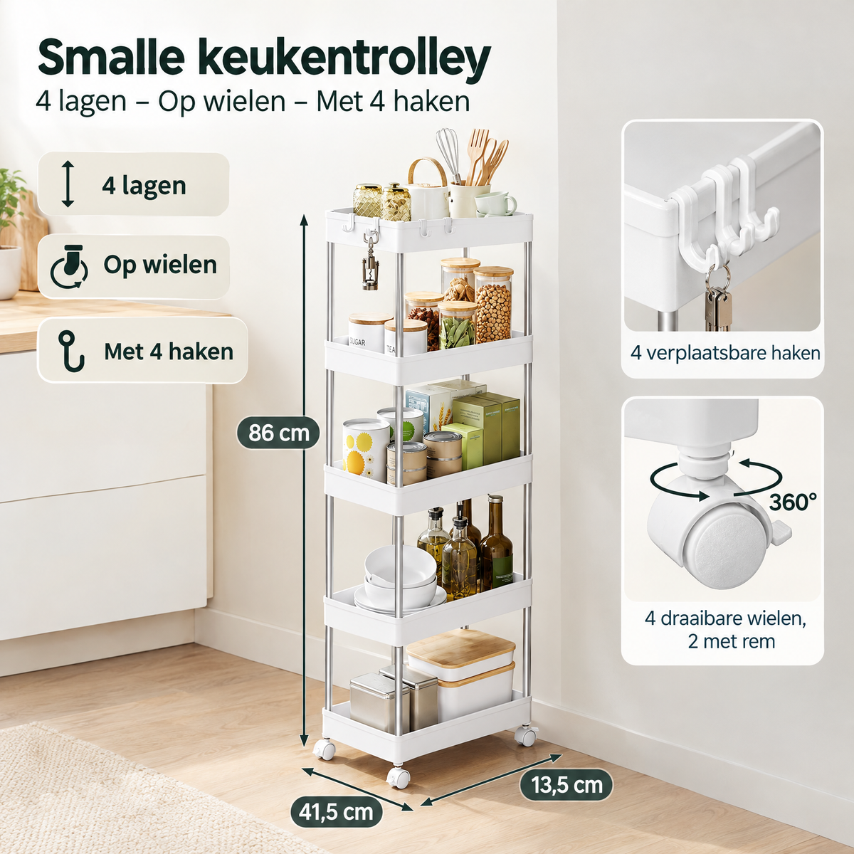 Afmetingen en productspecificaties van smalle keukentrolley