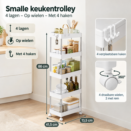 Afmetingen en productspecificaties van smalle keukentrolley