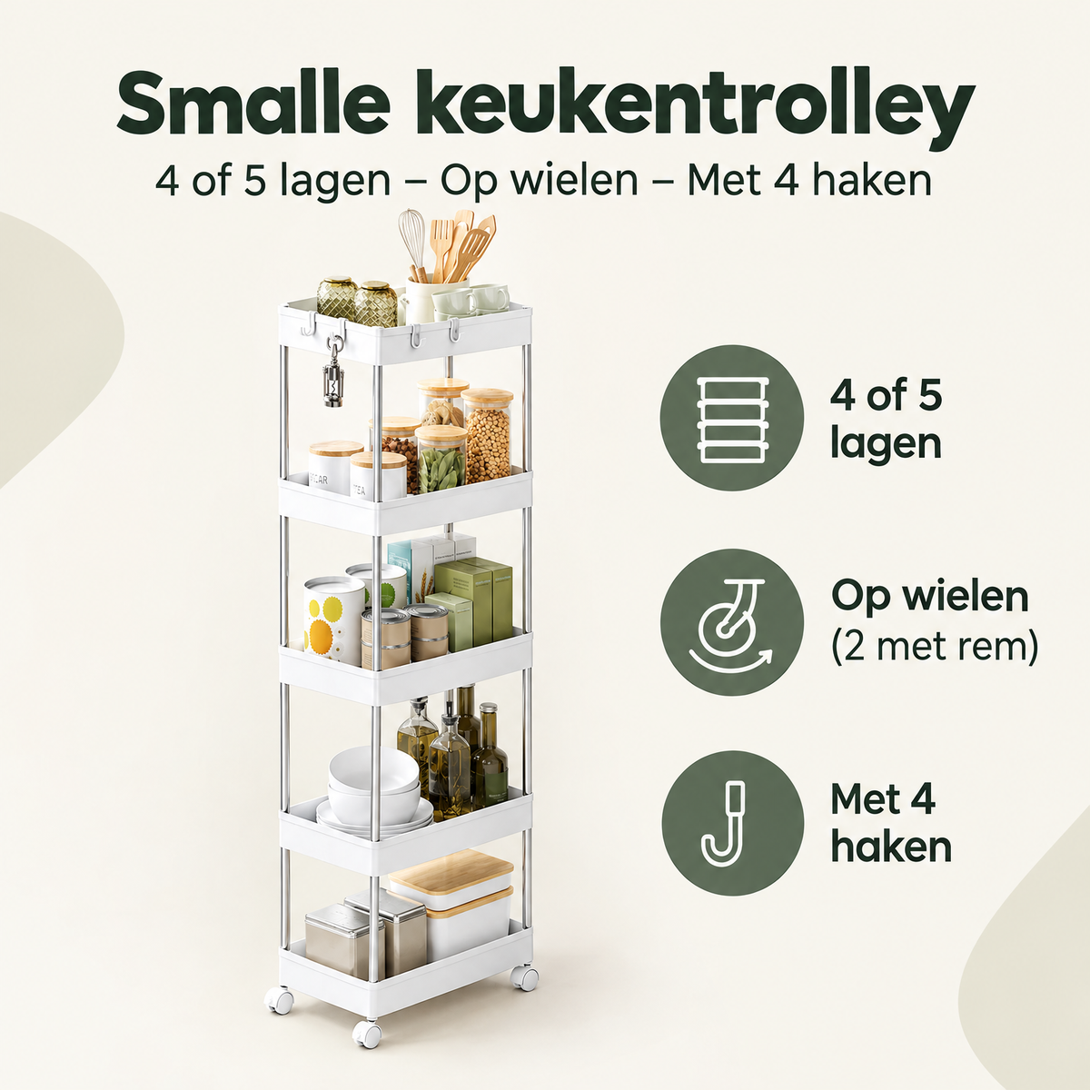 Overzicht van smalle keukentrolley met de belangrijkste productvoordelen