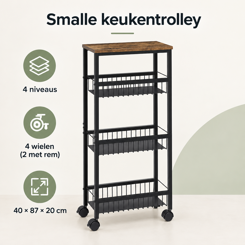 Overzicht van smalle keukentrolley met de belangrijkste productvoordelen