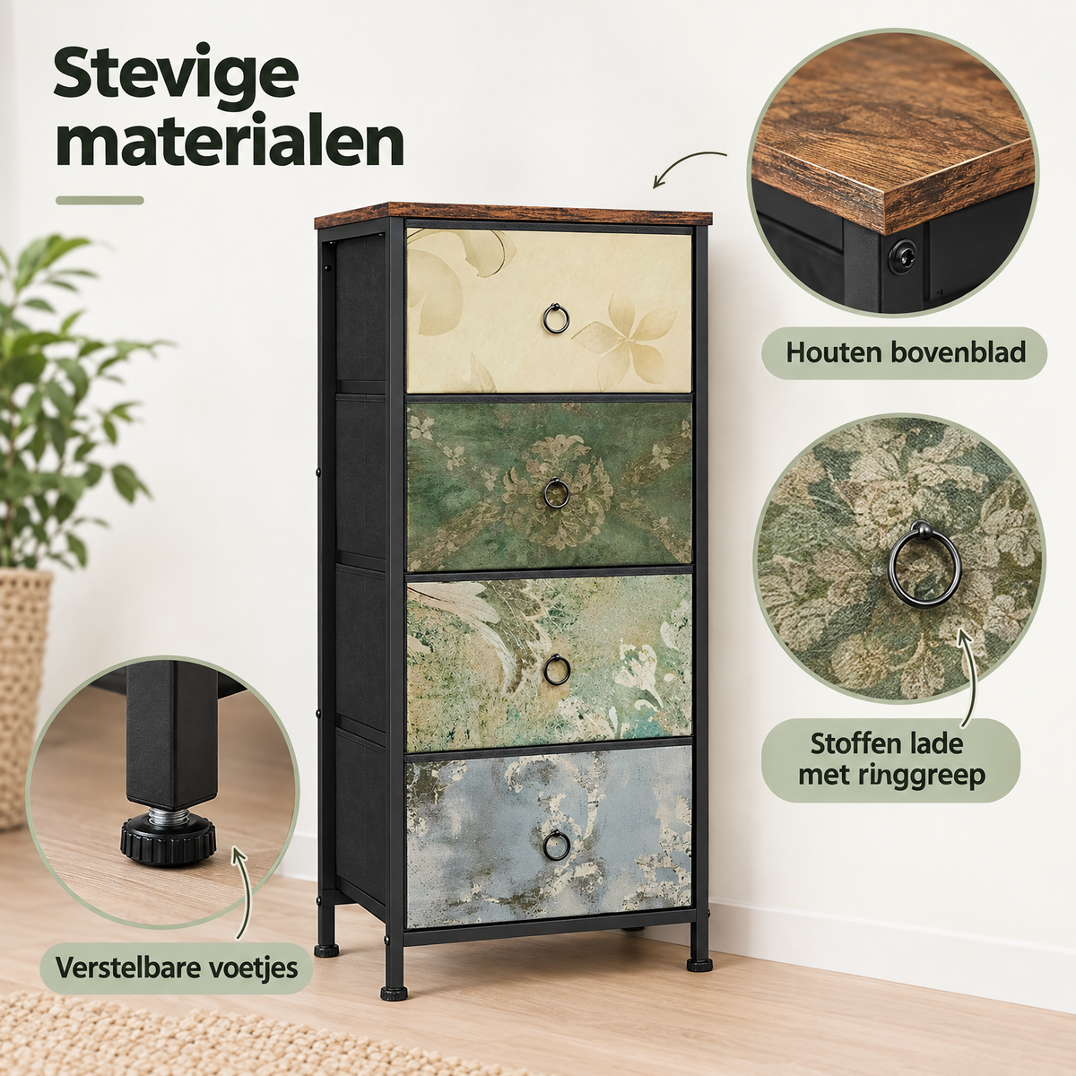 Smalle BukkitBow ladekast met vier stoffen laden en vintage bloemenmotief, 45 cm breed, gedetailleerde close-up van de materialen.