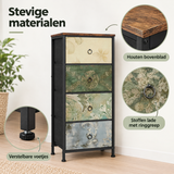 Smalle BukkitBow ladekast met vier stoffen laden en vintage bloemenmotief, 45 cm breed, gedetailleerde close-up van de materialen.