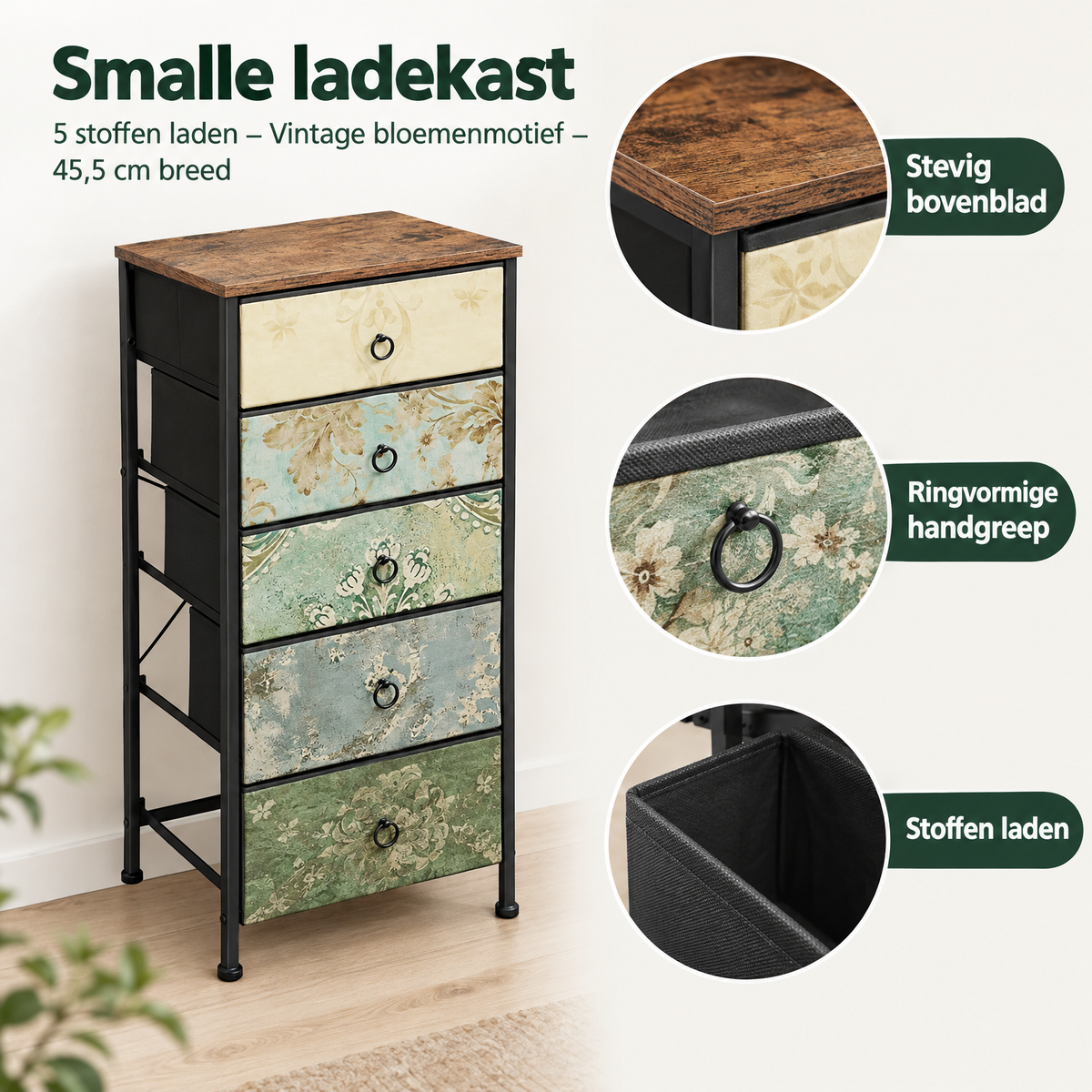 Smalle BukkitBow ladekast met 5 stoffen laden en vintage bloemenmotief, breedte 45,5 cm, gedetailleerd close-up van het materiaal.