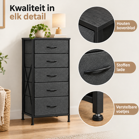 Detail van materiaal en afwerking van smalle ladekast