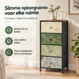 Smalle BukkitBow ladekast met 4 stoffen laden en vintage bloemenmotief, 45 cm breed, praktische opbergruimte en stijlvol design.