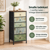 Smalle BukkitBow ladekast met 5 stoffen laden en vintage bloemenmotief, breedte 45,5 cm, praktische opbergruimte.