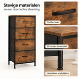 Detail van materiaal en afwerking van smalle ladekast met 4 stoffen lades