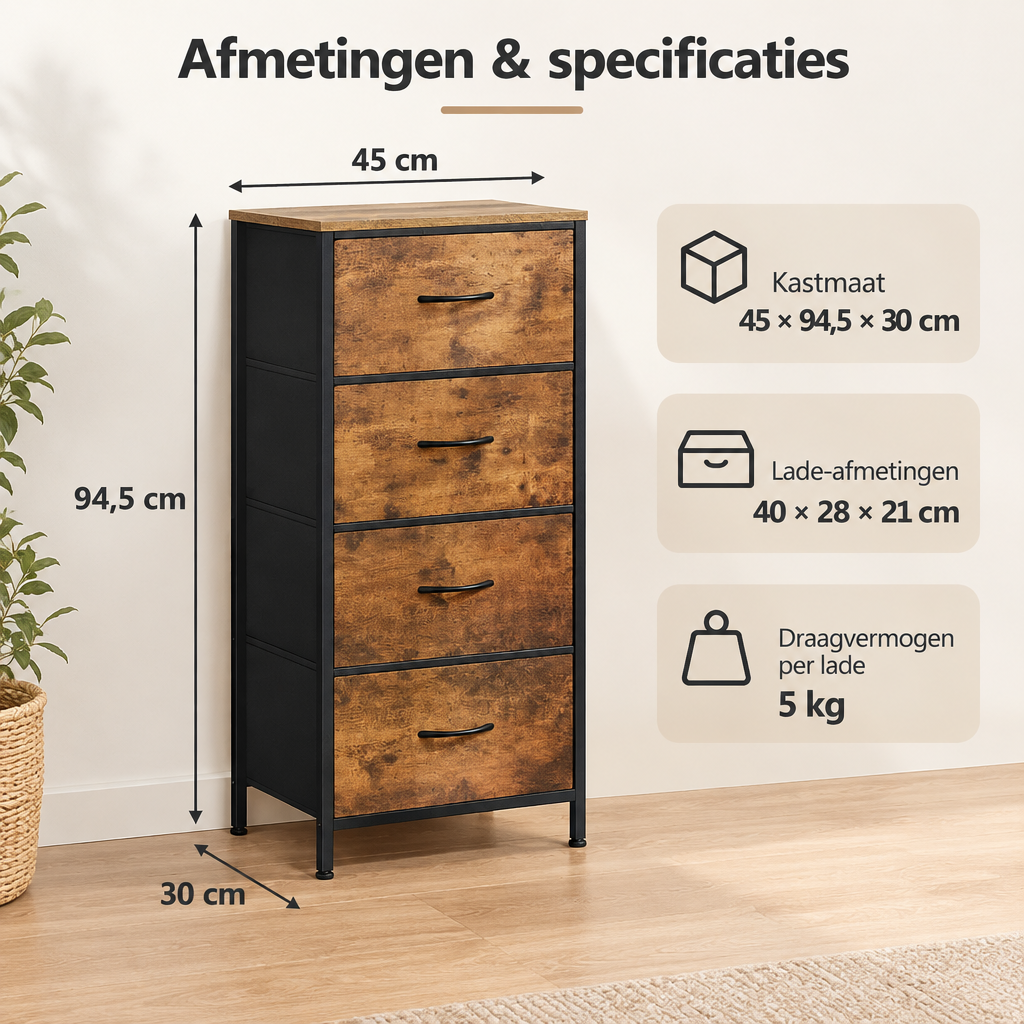 Afmetingen en productspecificaties van smalle ladekast met 4 stoffen lades
