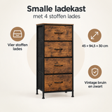 Overzicht van smalle ladekast met 4 stoffen lades met de belangrijkste productvoordelen