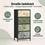 Smalle BukkitBow ladekast met vier stoffen laden en vintage bloemenmotief, 45 cm breed, ideaal voor compacte opbergruimte.