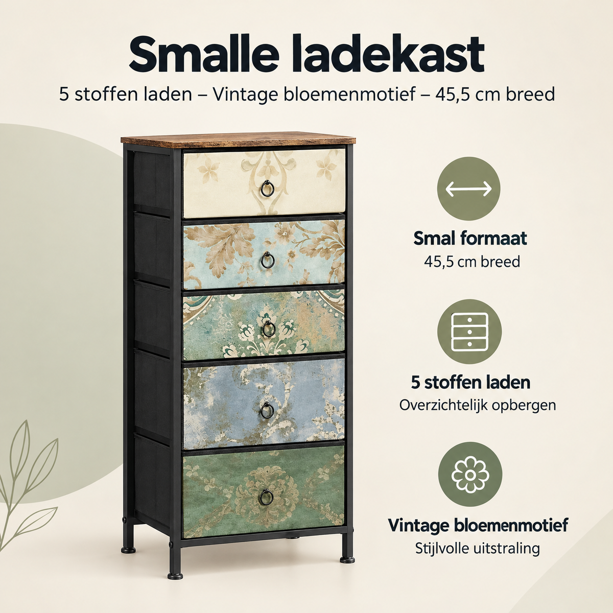 Smalle BukkitBow ladekast met 5 stoffen laden en vintage bloemenmotief, 45,5 cm breed, geschikt voor opbergruimte.