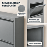 Detail van materiaal en afwerking van smalle metalen schoenenkast