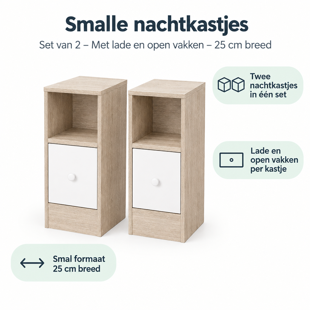 Belangrijkste voordelen en eigenschappen van smalle nachtkastjes set van 2