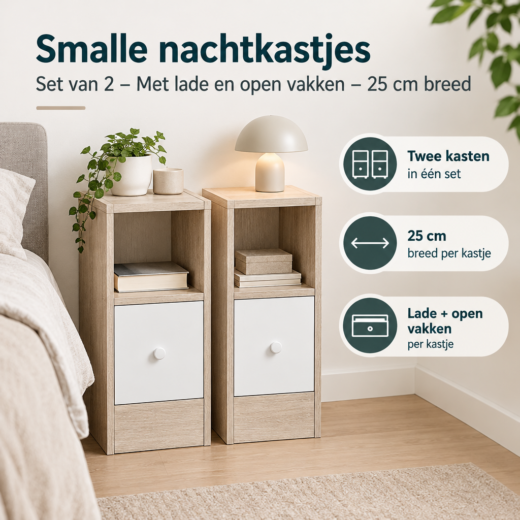 Praktische toepassing en keuzehulp voor smalle nachtkastjes set van 2