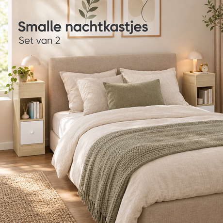Set van 2 smalle nachtkastjes van BukkitBow met lade en open vakken, 25 cm breed, geschikt voor slaapkamer of woonruimte.