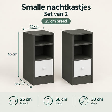Set van 2 smalle nachtkastjes van BukkitBow met lade en open vakken, 25 cm breed, ideaal voor slaapkameropbergruimte.