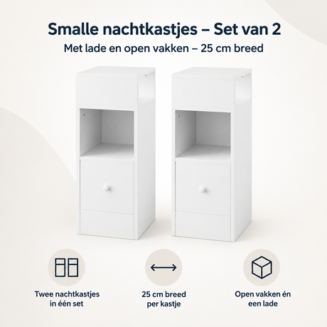 Set van 2 smalle nachtkastjes van BukkitBow met lade en open vakken, 25 cm breed, ideaal voor kleine slaapkamers.
