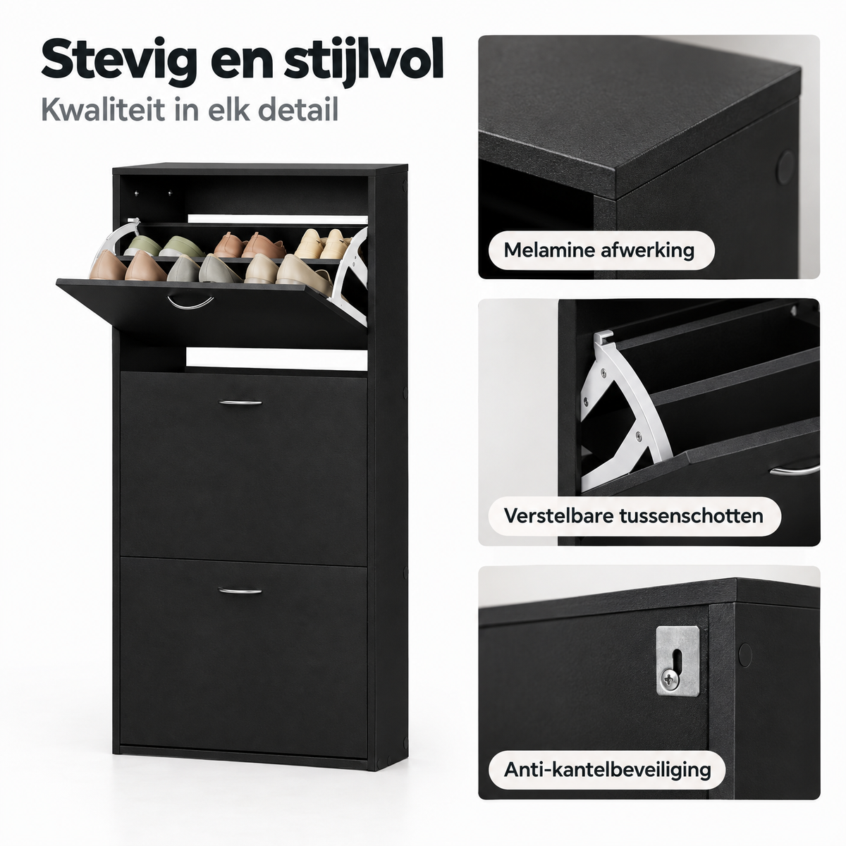 Detail van materiaal en afwerking van smalle schoenenkast