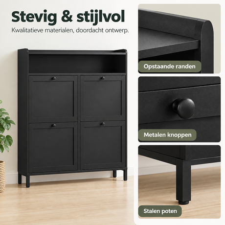 Detail van materiaal en afwerking van smalle schoenenkast