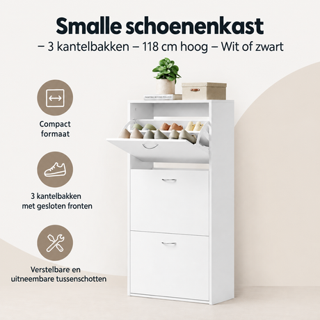 Overzicht van smalle schoenenkast met de belangrijkste productvoordelen