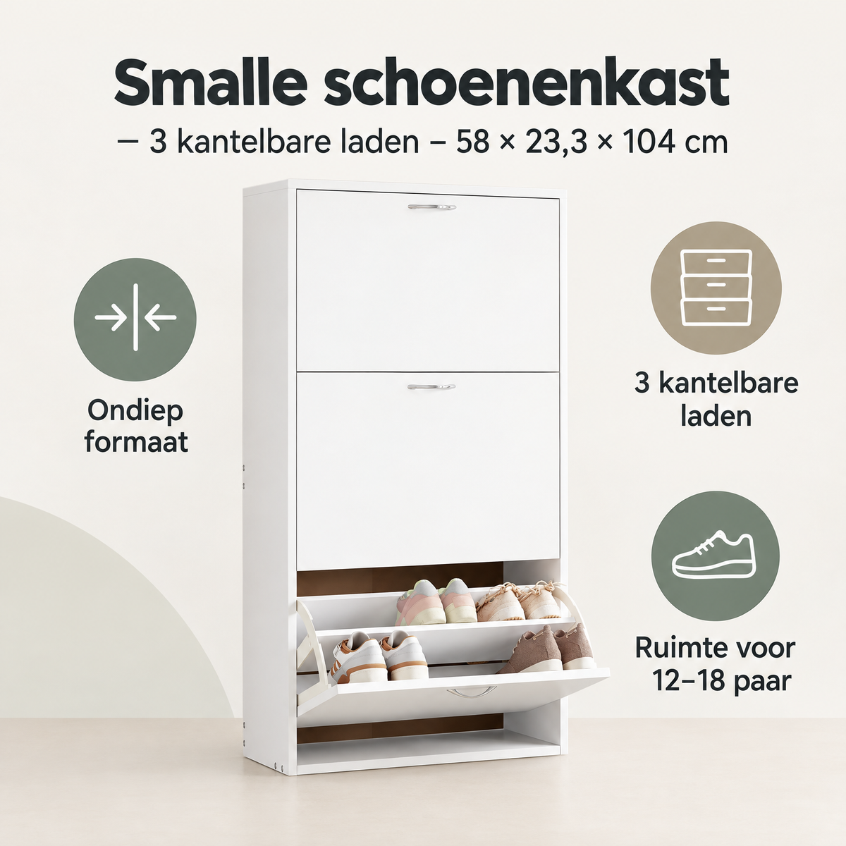 Overzicht van smalle schoenenkast met de belangrijkste productvoordelen