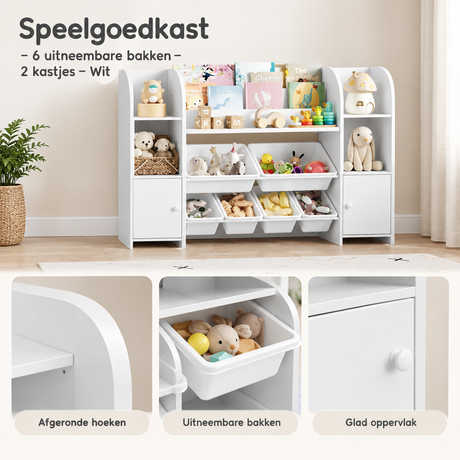 Witte speelgoedkast van BukkitBow met 6 uitneembare bakken en 2 kastjes, ideaal voor kinderkamer of speelhoek.