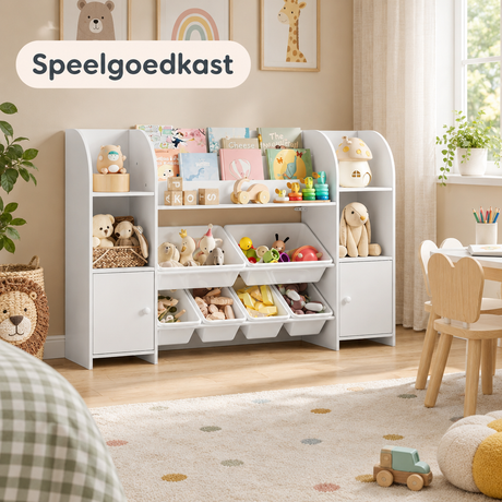 Witte speelgoedkast van BukkitBow met 6 uitneembare bakken en 2 kastjes, geschikt voor kinderkamers, in een gezellige ruimte.