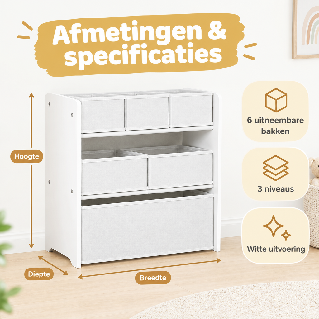 Afmetingen en productspecificaties van speelgoedkast met 6 bakken