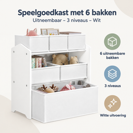 Witte speelgoedkast van BukkitBow met 6 uitneembare bakken en 3 niveaus, overzicht van kernvoordelen op de afbeelding