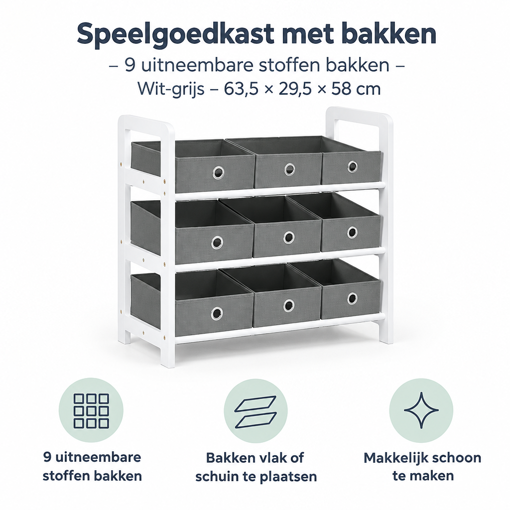 Belangrijkste voordelen en eigenschappen van speelgoedkast met bakken