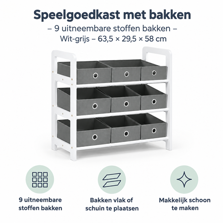 BukkitBow speelgoedkast met 9 uitneembare stoffen bakken in wit-grijs, afmetingen 63,5 x 29,5 x 58 cm, voor kinderkamers