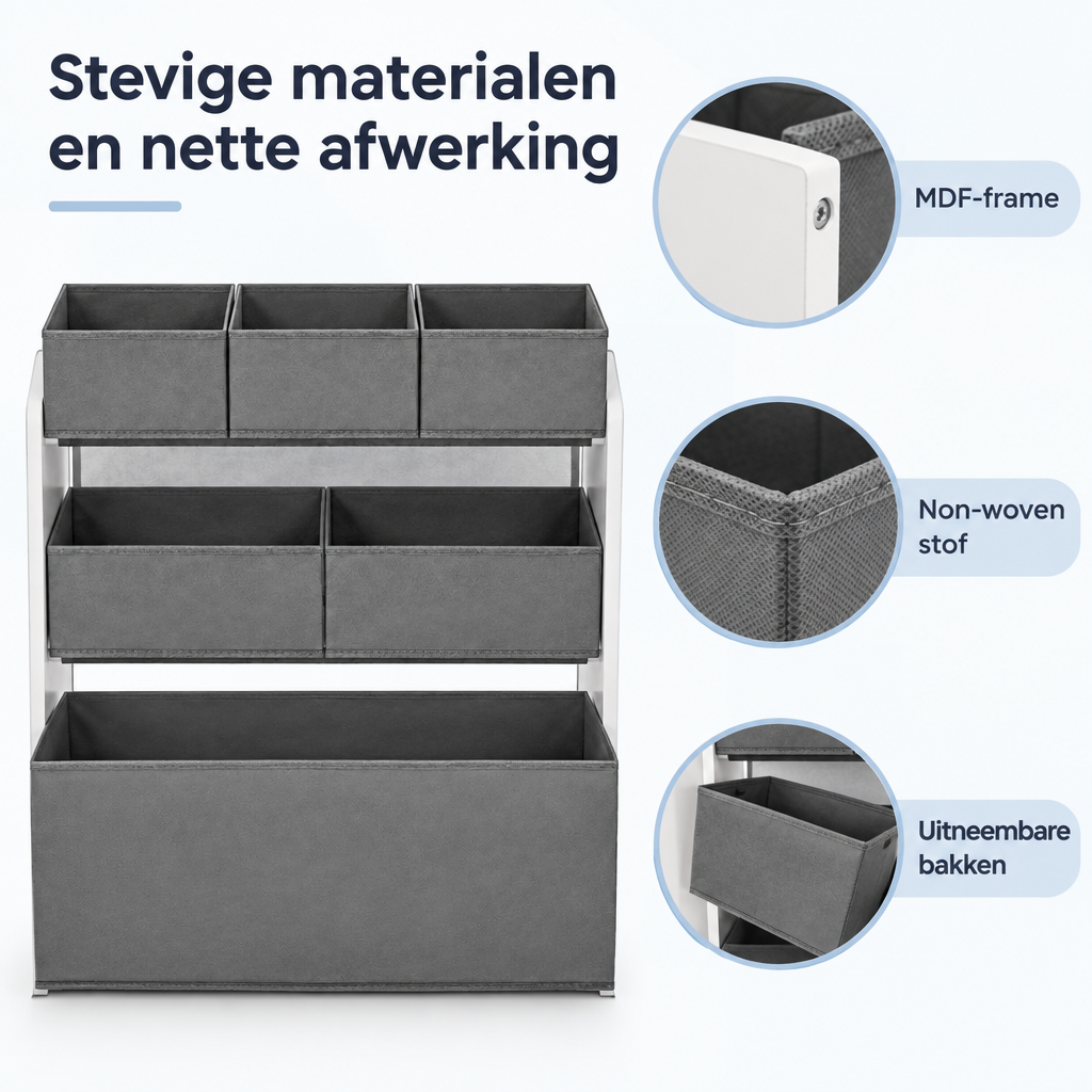 Detail van materiaal en afwerking van speelgoedkast met bakken