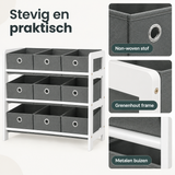 Detail van materiaal en afwerking van speelgoedkast met bakken