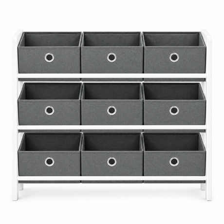 Witte en grijze speelgoedkast van BukkitBow met 9 uitneembare stoffen bakken, afm. 63,5x29,5x58 cm, voor opbergen en organiseren