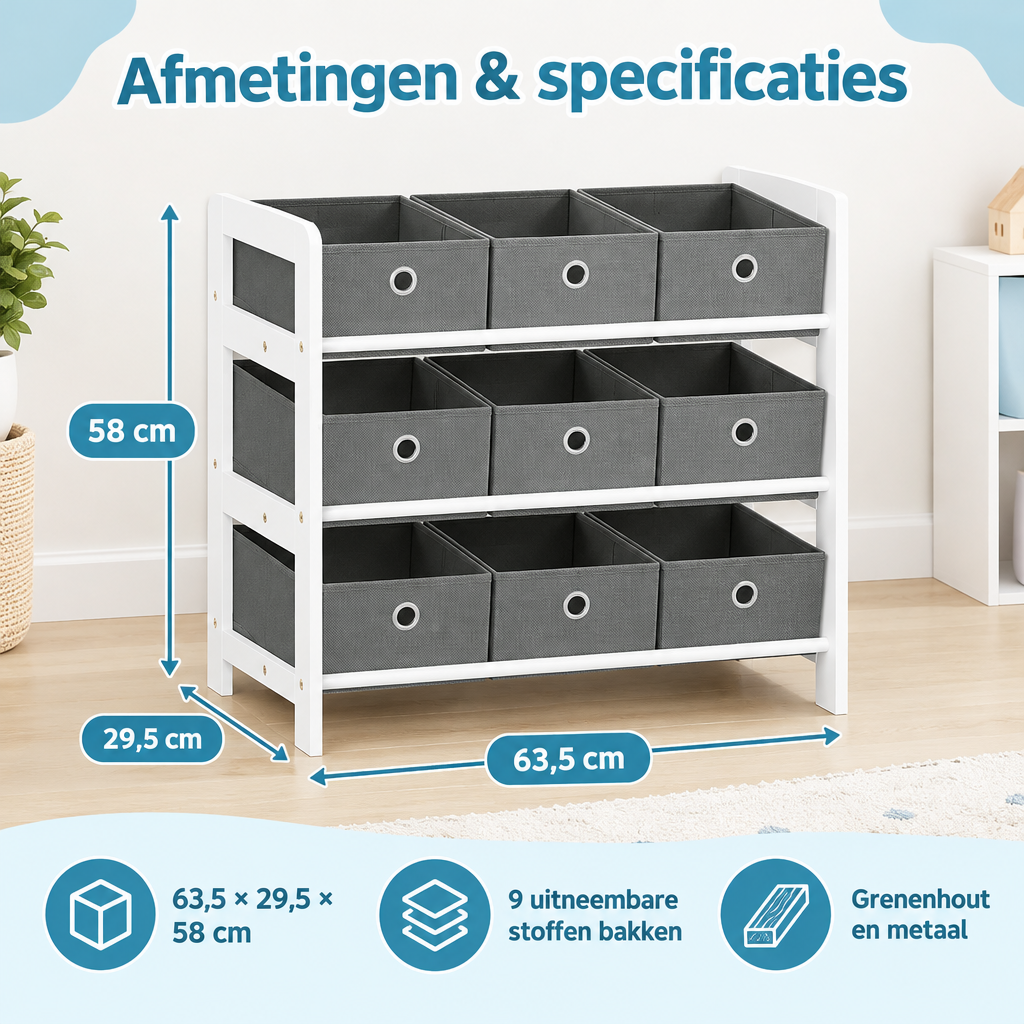 Afmetingen en productspecificaties van speelgoedkast met bakken