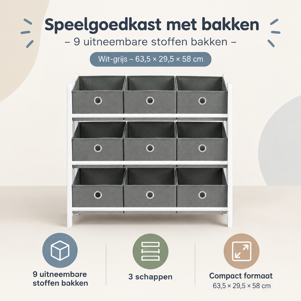 Overzicht van speelgoedkast met bakken met de belangrijkste productvoordelen