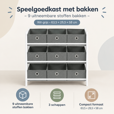 BukkitBow speelgoedkast met 9 uitneembare stoffen bakken, wit-grijs, afmetingen 63,5×29,5×58 cm, voor kinderkamer opbergoplossing.