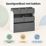 Overzicht van speelgoedkast met bakken met de belangrijkste productvoordelen