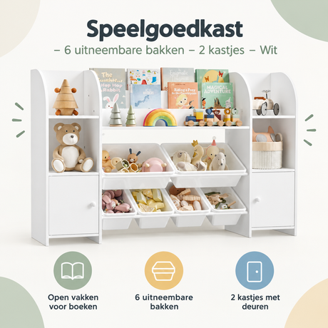 Witte speelgoedkast van BukkitBow met 6 uitneembare bakken en 2 kastjes, ideaal voor overzicht en organisatie van speelgoed.