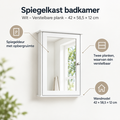 Witte badkamer spiegelkast van BukkitBow met verstelbare plank en spiegeldeur, afmeting 42x58,5x12 cm, geschikt voor badkamergebruik.