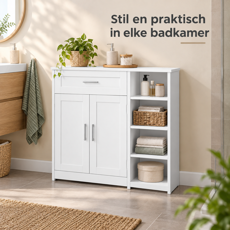 Witte staande badkamerkast van BukkitBow met lade, 2 deuren en open vakken, 80 cm breed, geschikt voor badkameropslag