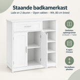 Overzicht van staande badkamerkast met de belangrijkste productvoordelen